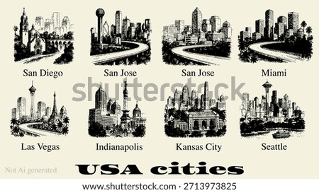 Vintage hand-drawn illustration set featuring iconic USA city skylines including San Diego, San Jose, Miami, Las Vegas, Indianapolis, Kansas City, and Seattle.