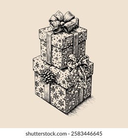 Vintage hand-drawn illustration of stacked gift boxes decorated with ribbons, bows, and festive patterns. A perfect holiday-themed sketch for Christmas, celebrations, and special occasions.