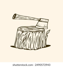 Vintage hand-drawn illustration of woodcutter's axe resting on a tree stump, representing forestry and woodwork.