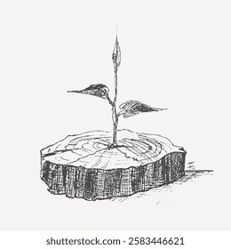 Vintage hand-drawn illustration of a young plant sprouting from a tree stump, symbolizing rebirth, resilience, and nature’s cycle. Perfect for environmental, sustainability, and growth-themed designs.