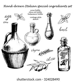 Vintage hand-drawn ink collection with glass bottles of wine, olive oil and balsamic and other Italian special ingredients 