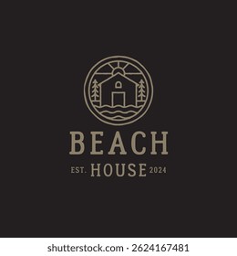 Vintage Hand-Drawn Lake House and Pine Tree Logo Design Vector