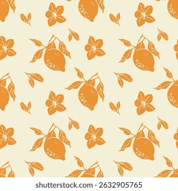 Vintage hand-drawn lemon seamless pattern. Textured woodcut art with vintage engraving aesthetics.