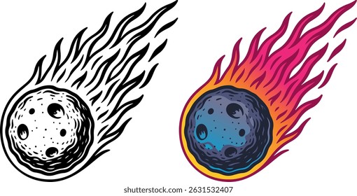 Ilustração de meteoro desenhado à mão vintage com chamas em preto e versão colorida, ícone de cometa ardente isolado no fundo branco.