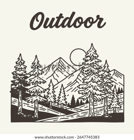 Vintage Handdrawn Mountain and Pine Tree with Sun Outdoor Illustration