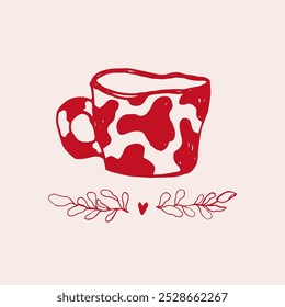 Vintage hand-drawn mug in a warm red color with a soft beige background. rustic look cup with a cow print. kitchen decor, cozy atmosphere, ideal for tea and coffee lovers