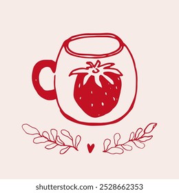 Vintage hand-drawn mug in a warm red color with a soft beige background. rustic look cup with strawberry print. kitchen decor, cozy atmosphere, ideal for tea and coffee lovers