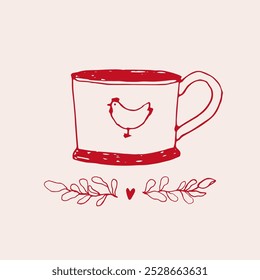 Vintage hand-drawn mug in a warm red color with a soft beige background. rustic look cup with a chicken print. kitchen decor, cozy atmosphere, ideal for tea and coffee lovers