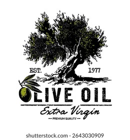 Rótulo de azeite de oliva tradicional vintage com ilustração de oliveira e texto para embalagem de azeite orgânico e design de marca. Logotipo do azeite, extra virgem, qualidade superior, ilustração vetorial