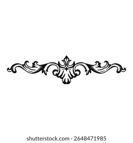 Vintage hand-drawn ornamental flourish in engraved sketch outline style. This symmetrical decorative element features intricate baroque-inspired curves and leaf motifs