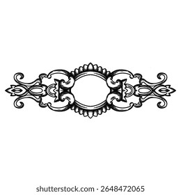 Vintage hand-drawn ornamental flourish in engraved sketch outline style. This symmetrical decorative element features intricate baroque-inspired curves and leaf motifs