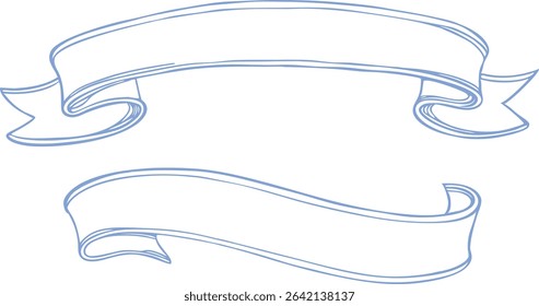 Vintage hand-drawn ribbon banner clipart in elegant blue outline, perfect for text decoration, labels, invitations, and retro graphic design projects with a classic curved scroll look.