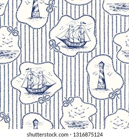 Vintage Hand-Drawn Rope Frames, Stripes Toile De Jouy Vector Seamless Pattern with Lighthouse, Seagulls Scenery, Ships