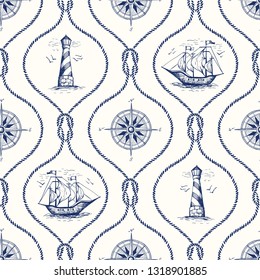 Vintage Hand-Drawn Rope Ogee Vector Seamless Pattern with Lighthouse, Sea Compass, Ship and Nautical Reef Knot.