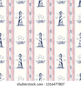 Vintage Hand-Drawn Rope Vertical Stripes with Lighthouse, Seagulls Scenery and Nautical Knots Vector Seamless Pattern