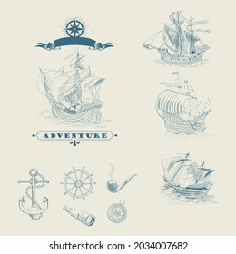 Vintage hand-drawn sailboats, sunken ships, map, wind rose, anchor, steering wheel, compass. Attributes of maritime navigation