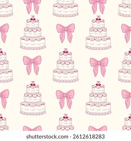 Vintage hand-drawn seamless pattern with cake, bows, and ribbons in coquette style. Designed for wrapping paper, packaging, fabric, and textiles. Vector illustration.