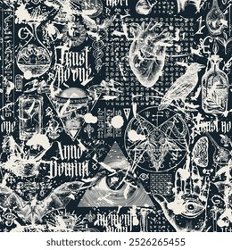 Vintage hand-drawn seamless pattern on occultism, masonic and witchcraft. Abstract background. Latin phrases translated Think about death, From Nativity of Christ