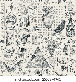 Vintage hand-drawn seamless pattern on occultism, alchemy and witchcraft. Abstract masonic background. Latin phrases translated Think about death, From Nativity of Christ