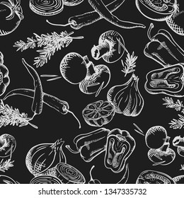 Vintage hand-drawn seamless pattern with various vegetables. white drawings  of vegetables on a black background. chalk on a blackboard, chalky lettering. Vector illustration
