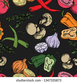 Vintage hand-drawn seamless pattern with various vegetables. Color drawings of vegetables on a dark background.Vector illustration