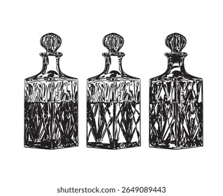 Vintage hand-drawn set of bourbon bottles in black and white. Ideal for liquor branding, bar menu designs, packaging labels, and retro-themed alcohol illustrations.