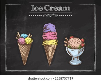 Vintage hand-drawn sketch of colorful ice cream cones or frozen yogurt and bowl