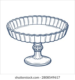 Vintage hand-drawn sketch of an elegant cake stand or fluted fruit bowl side view. Blue ink illustration.