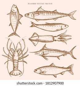 vintage handdrawn sketch of fishes, seafood restaurant logo, fishery logo