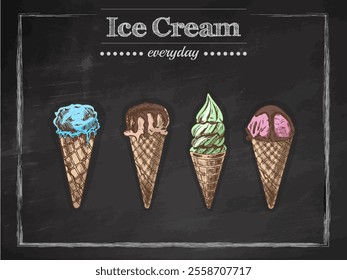 Vintage hand-drawn sketch of ice cream cones or frozen yogurt  on chalkboard background