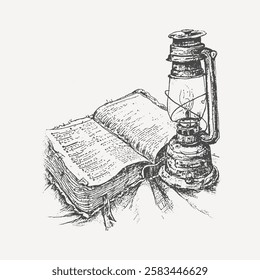 Vintage hand-drawn sketch of an old book and kerosene lantern, symbolizing knowledge, nostalgia, and classic storytelling. Perfect for historical, literature, and antique-themed designs.