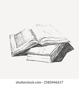 Vintage hand-drawn sketch of open books stacked on top of each other, symbolizing knowledge, learning, and literature. Perfect for educational, library, and academic themes with a classic artistic.