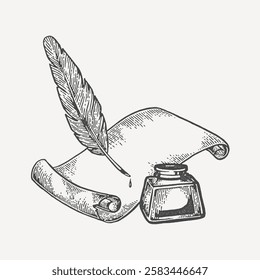 Vintage hand-drawn sketch of a quill pen, ink bottle, and parchment scroll, symbolizing writing, poetry, and historical manuscripts. Perfect for literature, calligraphy, and classical artistic themes.