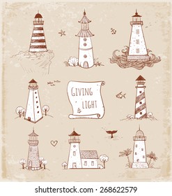 Vintage Hand-drawn sketches of lighthouses. Vector illustration.