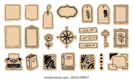 Vintage hand-drawn sticker collection. Features frames, tags, compass, typewriter, books, flower, feathers, and patterned strips. Perfect for scrapbooking, journaling, and creative craft projects.