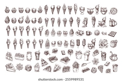 Vintage hand-drawn sweets and desserts sketch collection for retro designs
