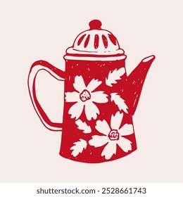 Vintage hand-drawn teapot in a warm red color with a soft beige background. rustic look, floral-patterned teapots. kitchen decor, cozy atmosphere, ideal for tea and coffee lovers