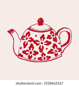 Vintage hand-drawn teapot in a warm red color with a soft beige background. rustic look, floral-patterned teapots. kitchen decor, cozy atmosphere, ideal for tea and coffee lovers