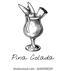 Vintage hand-drawn vector of Piña Colada cocktail in hurricane glass with pineapple, cherry and tropical garnish. Perfect for summer, bar menu or exotic drink themes