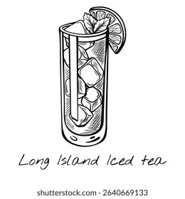 Vintage hand-drawn vector of Long Island Iced Tea cocktail in highball glass with lemon slice and ice. Perfect for bar menu, summer drinks, or strong party cocktails.