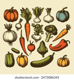 Conjunto de verduras dibujadas a mano de Antiguas: Ilustraciones botánicas atemporales