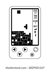 Vintage handheld electronic game with falling blocks and control buttons. A retro portable gaming device displaying a game of falling blocks, reminiscent of early digital entertainment consoles