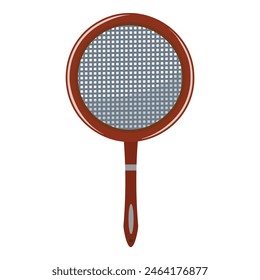 Vintage handheld sieve illustration with brown handle, isolated on white background. Retro kitchen utensil for cooking and food preparation. Classic baking accessory with simple, clean design