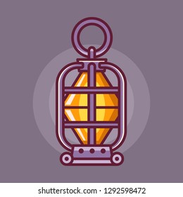 Vintage handle camping lantern icon in line art. Fantasy RPG dungeon lamp with glowing fire wick. Retro kerosine or oil lantern for hiking.