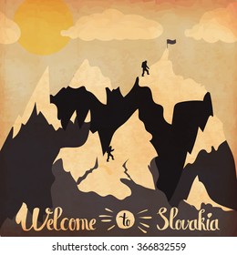Vintage handlettering poster on the theme of winter tourism. Landscape mountains welcome to the resorts of Slovakia. Vector illustration