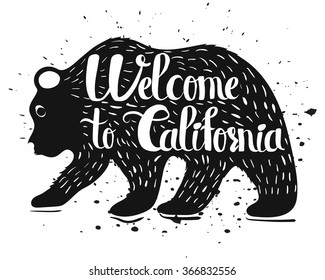 Vintage handlettering poster on the topic of California USA. Isolated silhouette of a bear with text on a white background. Vector illustration