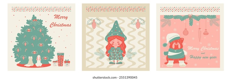 Vintage handmade Christmas cards with characters. Christmas drawings with a Christmas tree, gifts, pets and a girl in a Christmas tree costume. Minimalistic doodle style drawing. Vector illustration.