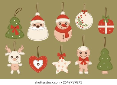 Vintage feito à mão Natal cosidos brinquedos. Árvore, estrela, Papai Noel, boneco de neve e gengibre isolados, rena, bola e coração. Ano Novo Retro coleção mão decorando. Ilustração vetorial