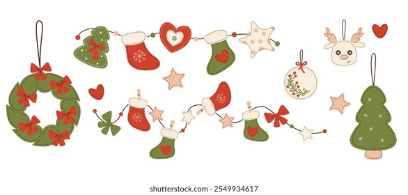 Vintage handmade Christmas sewn toys, decoration and garlands. Isolated Xmas wreath, tree, ball and deer face. New Year Retro collection hand decorating. Vector illustration