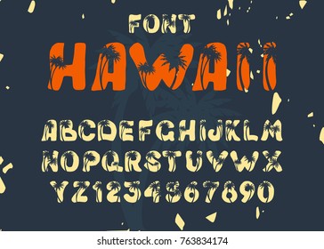 Vintage Handmade Font "Hawaii" stylized, Holiday, Beach Vacation,Palm trees in the Background. Vector Illustration.